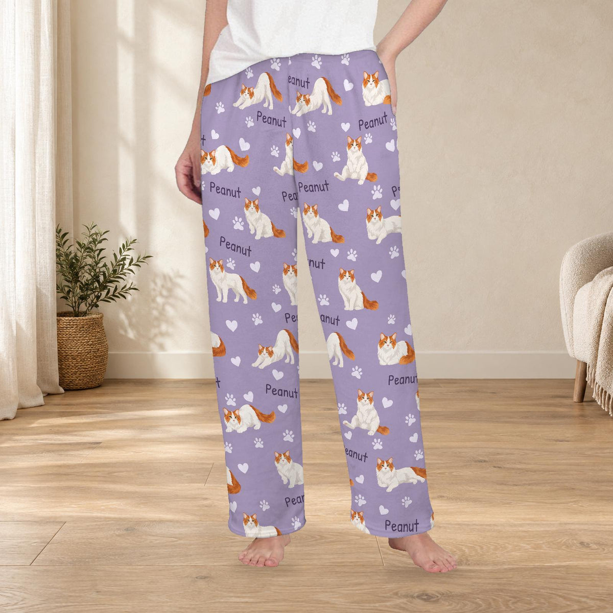Turkish Van personalized fleece pajama trousers on a model; women's fit, front view. Cozy neutral room background.