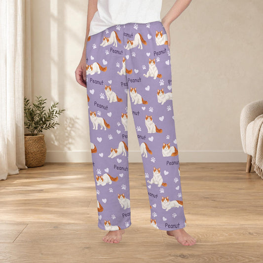 Turkish Van personalized fleece pajama trousers on a model; women's fit, front view. Cozy neutral room background.