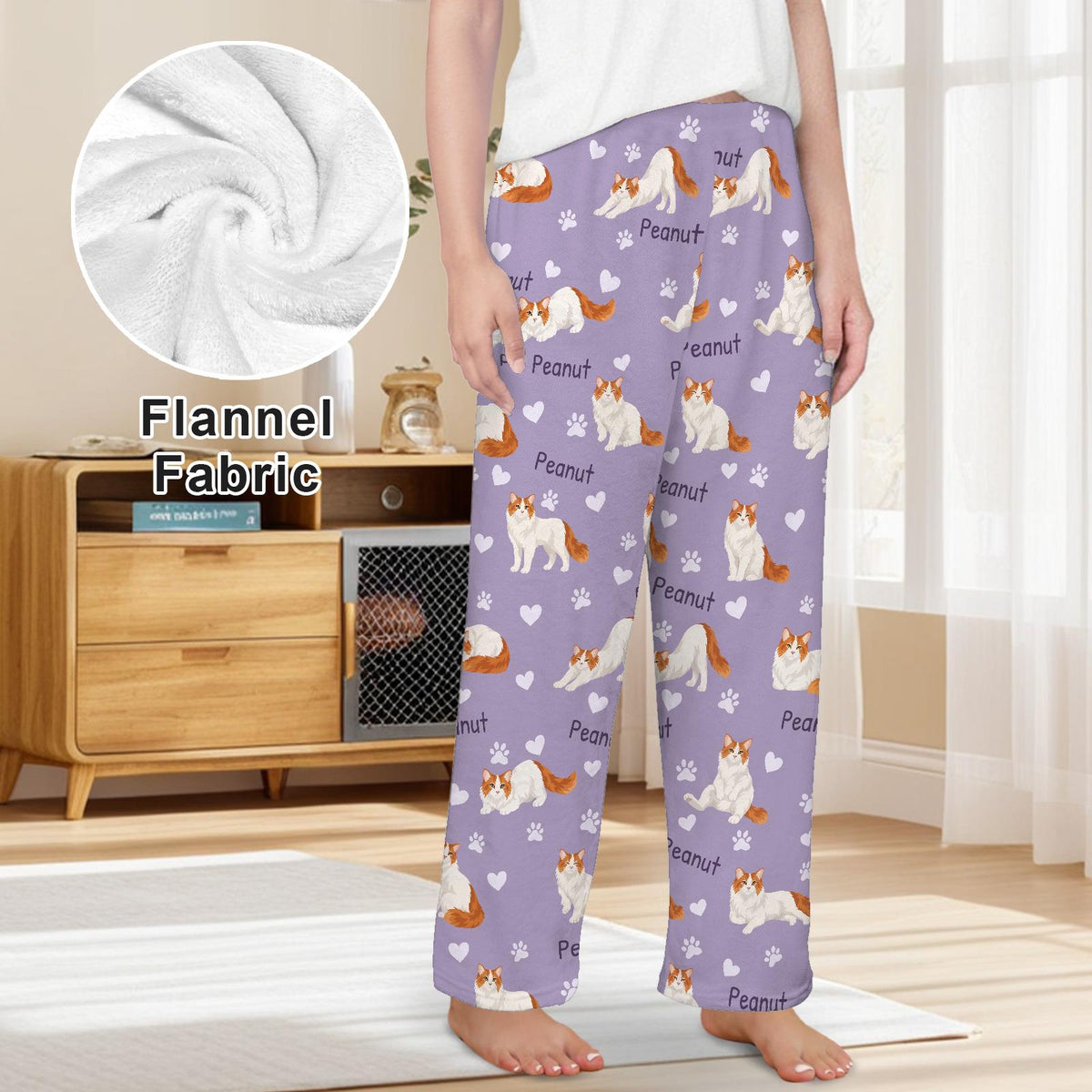 Turkish Van personalized pet name fleece pajama trousers, front lifestyle view.
