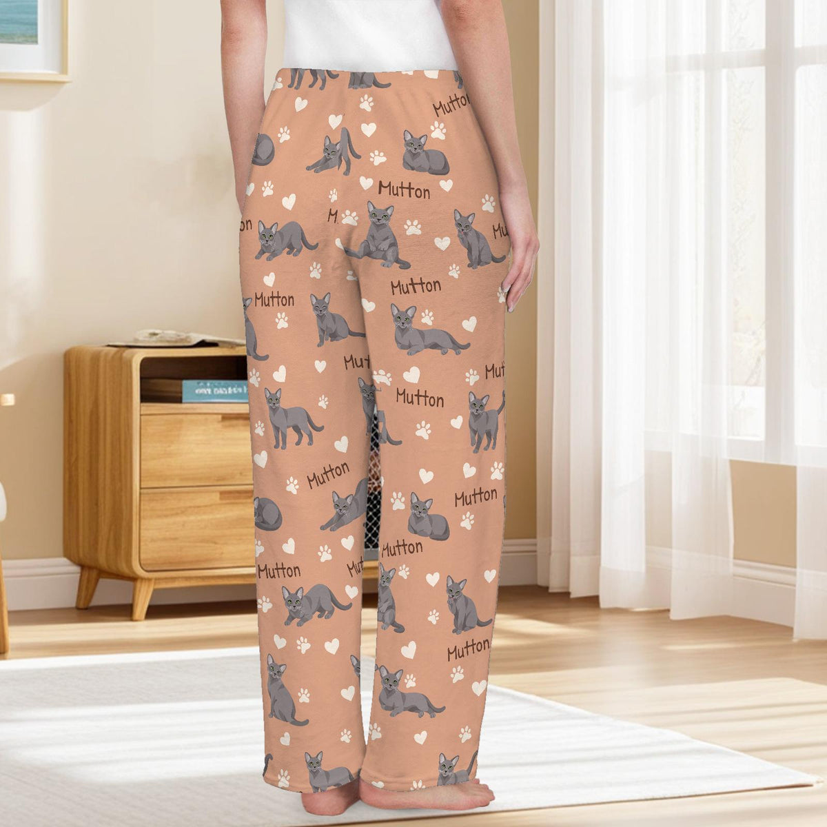 Korat personalized pet name fleece pajama trousers, back lifestyle view.