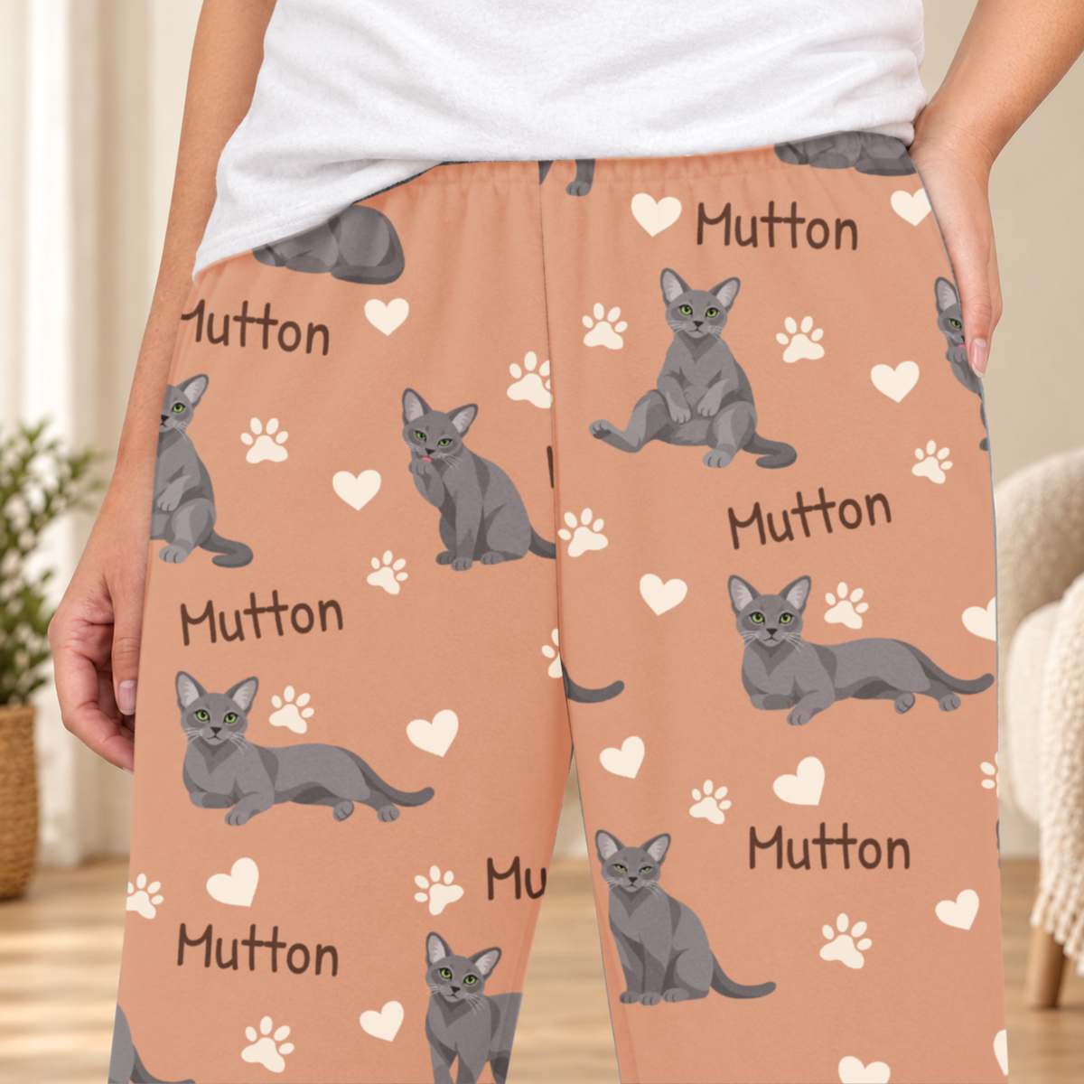 Korat personalized fleece pajama close-up showing breed artwork and example pet name