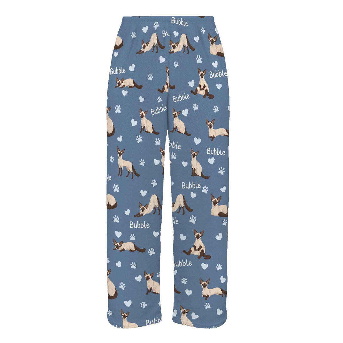 Balinese personalized pet name fleece pajama trousers, flat front view.