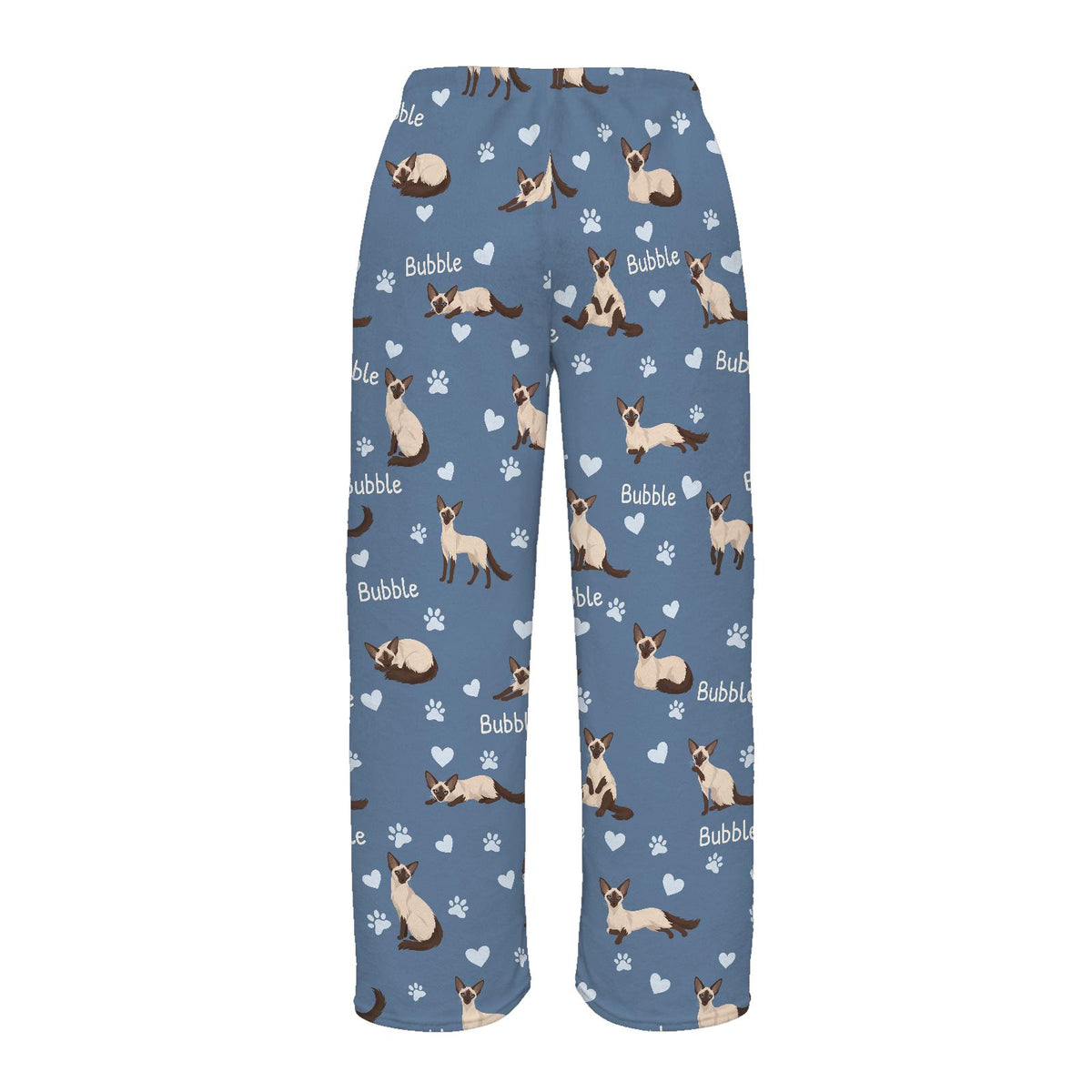 Balinese personalized pet name fleece pajama trousers, flat back view.