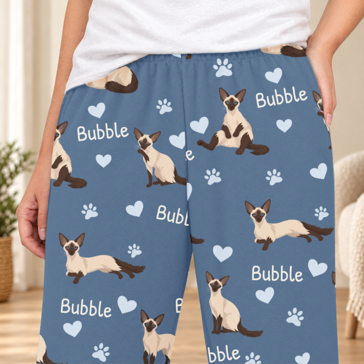Balinese personalized fleece pajama close-up showing breed artwork and example pet name
