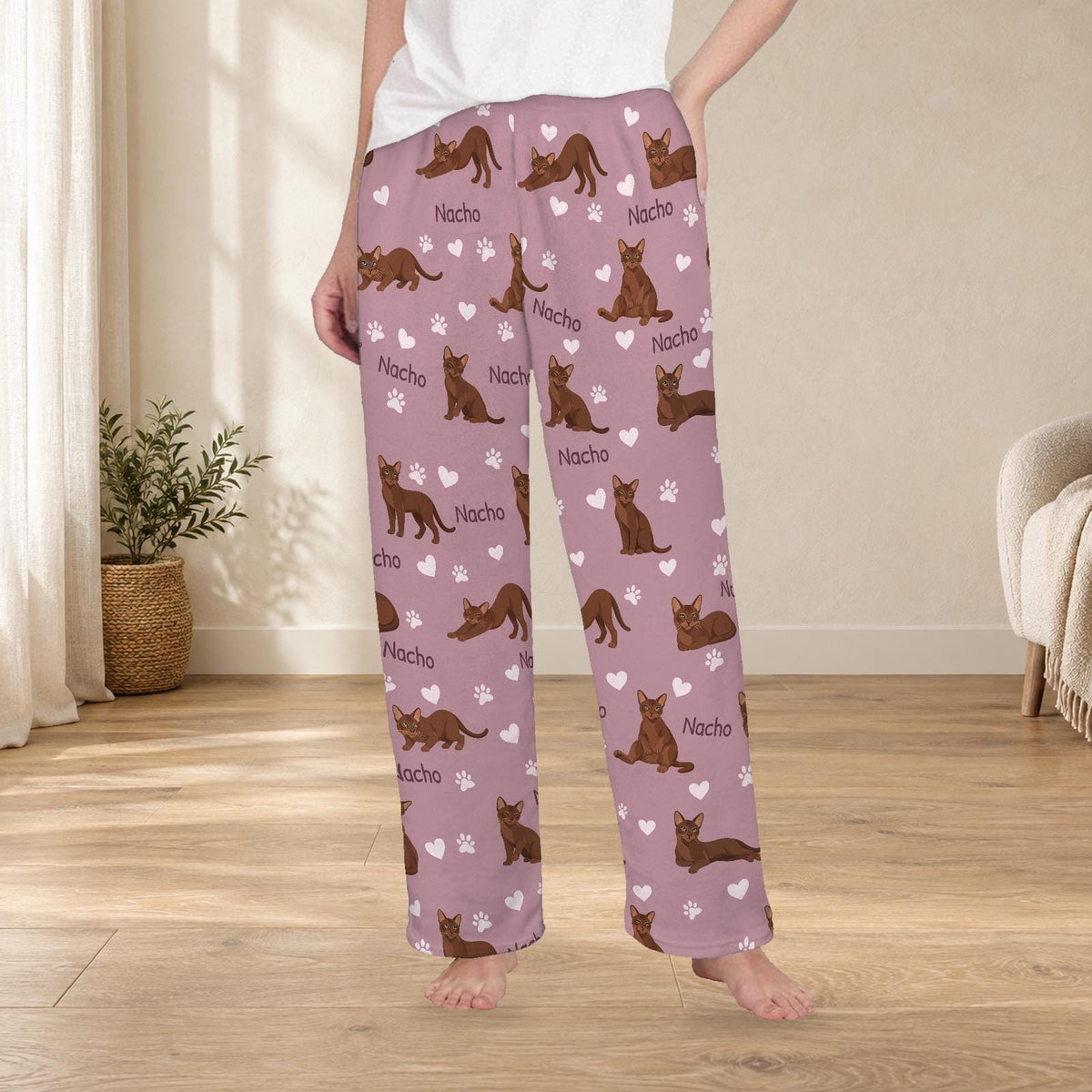 Havana Brown personalized fleece pajama trousers on a model; women's fit, front view. Cozy neutral room background.