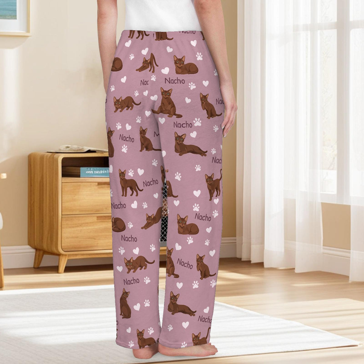 Havana Brown personalized pet name fleece pajama trousers, back lifestyle view.
