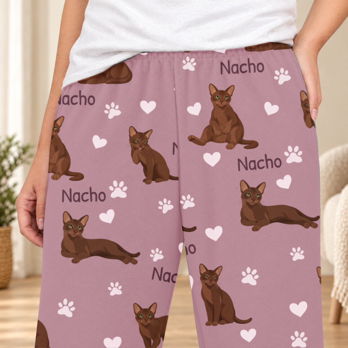 Havana Brown personalized fleece pajama close-up showing breed artwork and example pet name