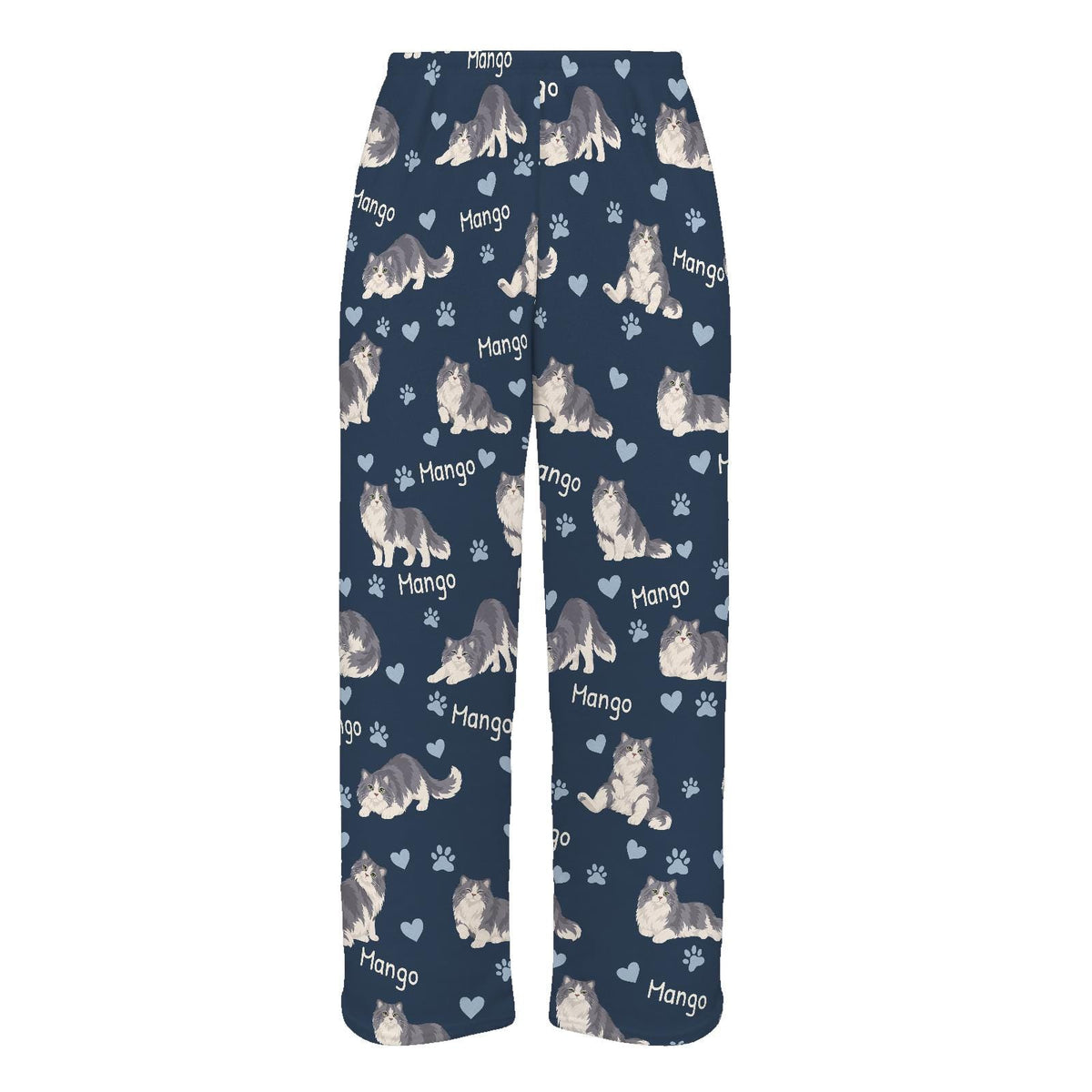 Ragamuffin personalized pet name fleece pajama trousers, flat front view.