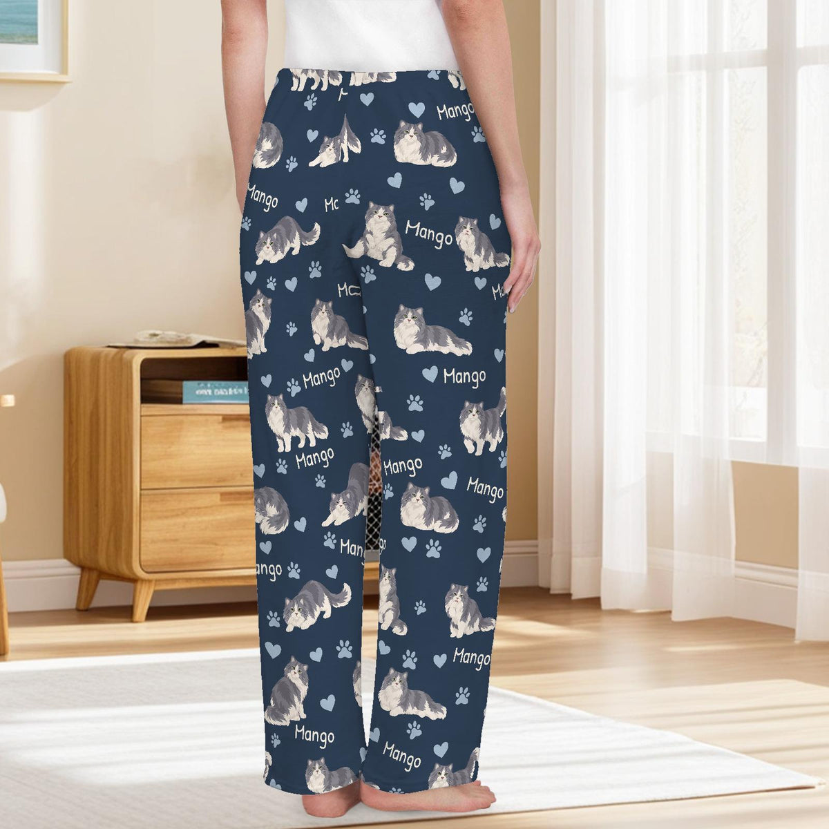 Ragamuffin personalized pet name fleece pajama trousers, back lifestyle view.
