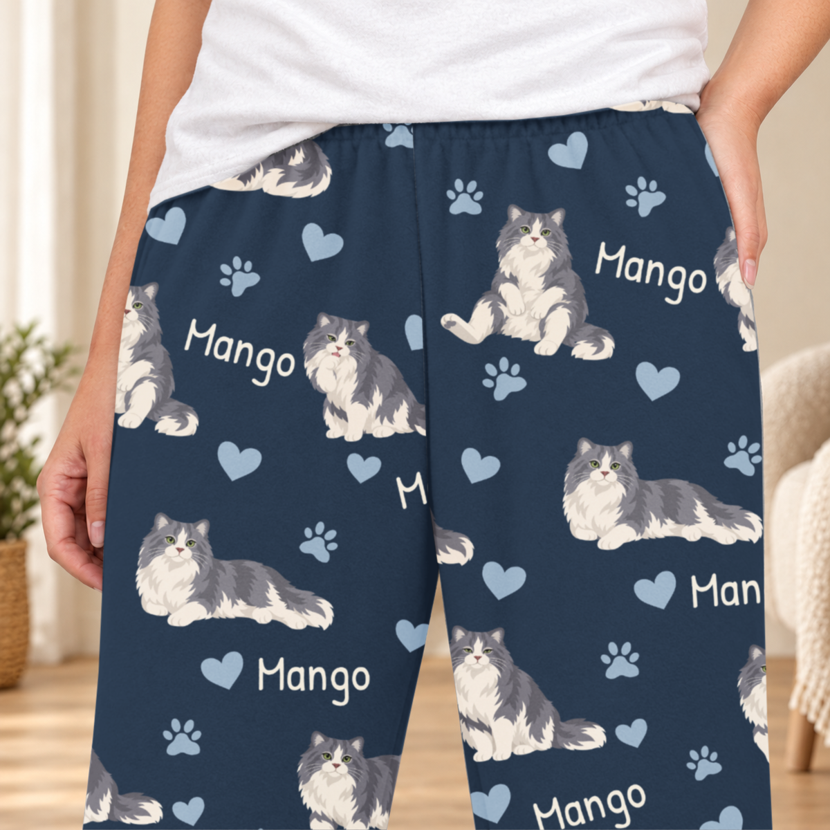 Ragamuffin personalized fleece pajama close-up showing breed artwork and example pet name