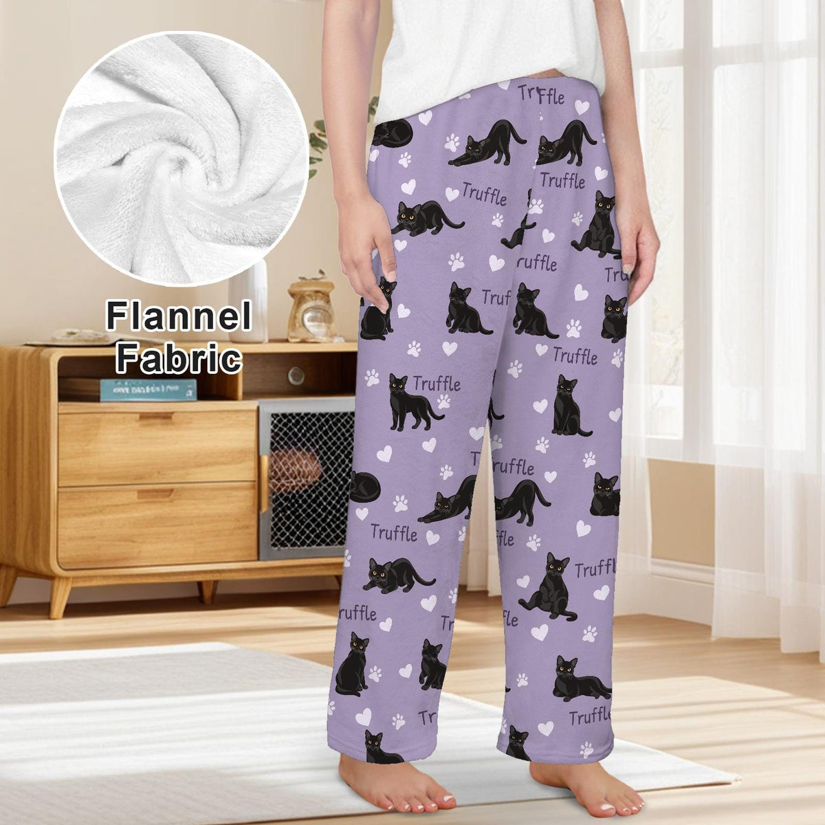 Bombay personalized pet name fleece pajama trousers, front lifestyle view.
