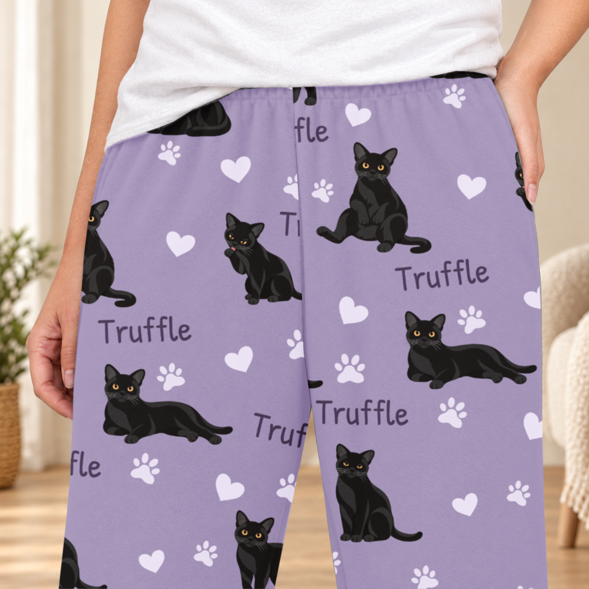 Bombay personalized fleece pajama close-up showing breed artwork and example pet name