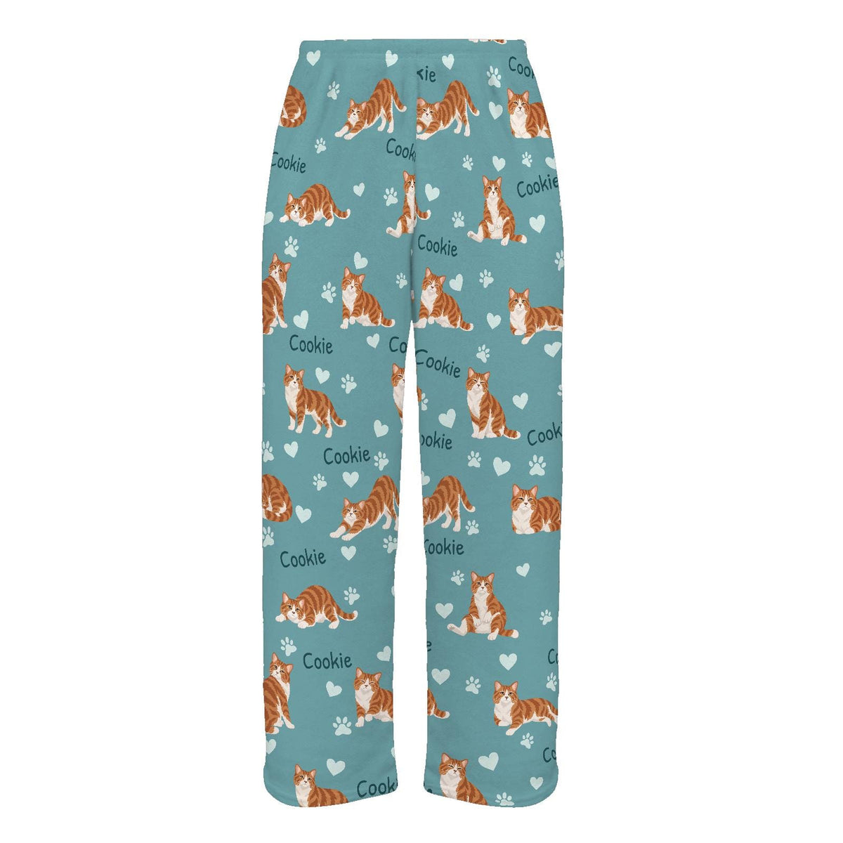 American Wirehair personalized pet name fleece pajama trousers, flat front view.