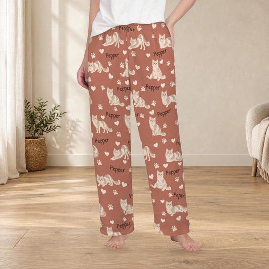 LaPerm personalized fleece pajama trousers on a model; women's fit, front view. Cozy neutral room background.