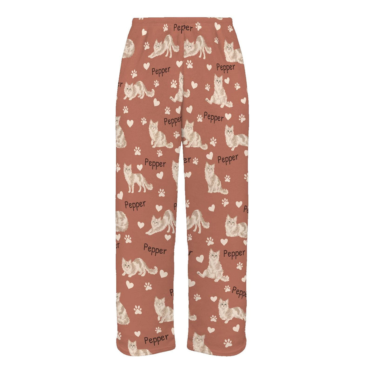 LaPerm personalized pet name fleece pajama trousers, flat front view.