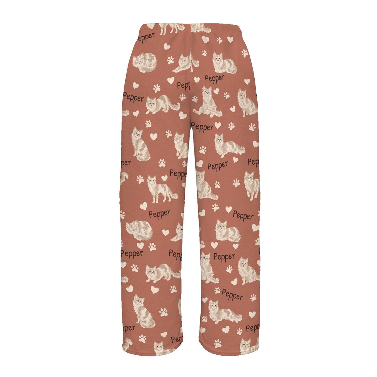 LaPerm personalized pet name fleece pajama trousers, flat back view.