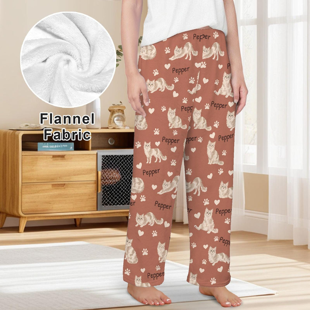 LaPerm personalized pet name fleece pajama trousers, front lifestyle view.