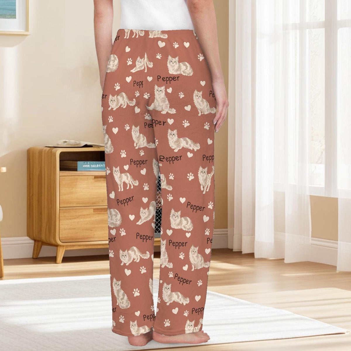 LaPerm personalized pet name fleece pajama trousers, back lifestyle view.