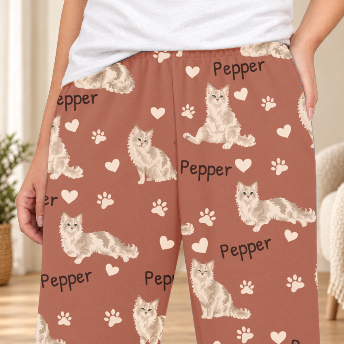LaPerm personalized fleece pajama close-up showing breed artwork and example pet name