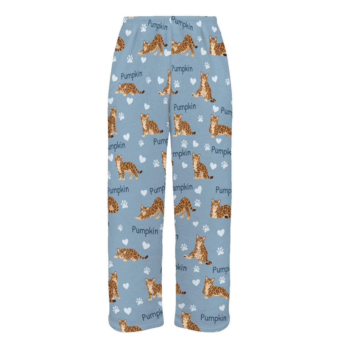 Bengal personalized pet name fleece pajama trousers, flat front view.