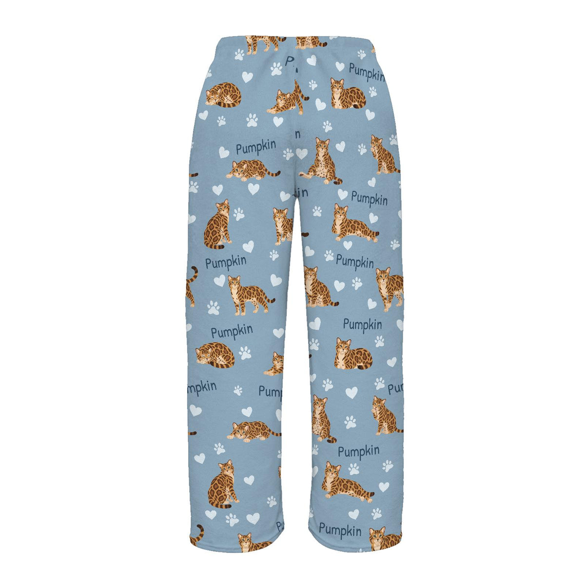 Bengal personalized pet name fleece pajama trousers, flat back view.