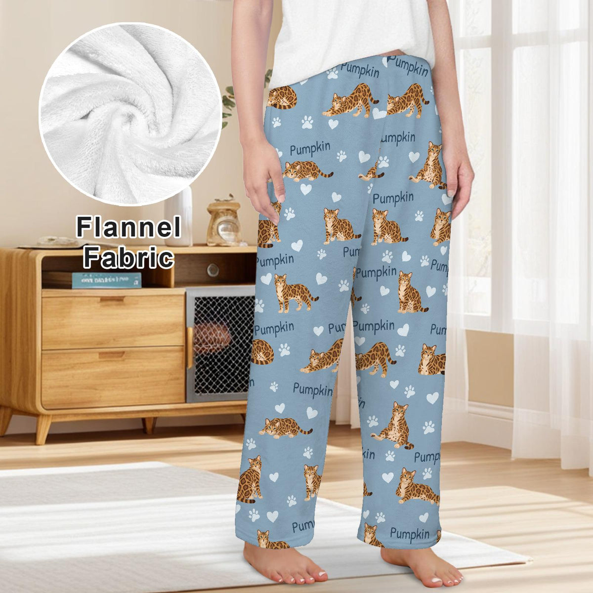 Bengal personalized pet name fleece pajama trousers, front lifestyle view.