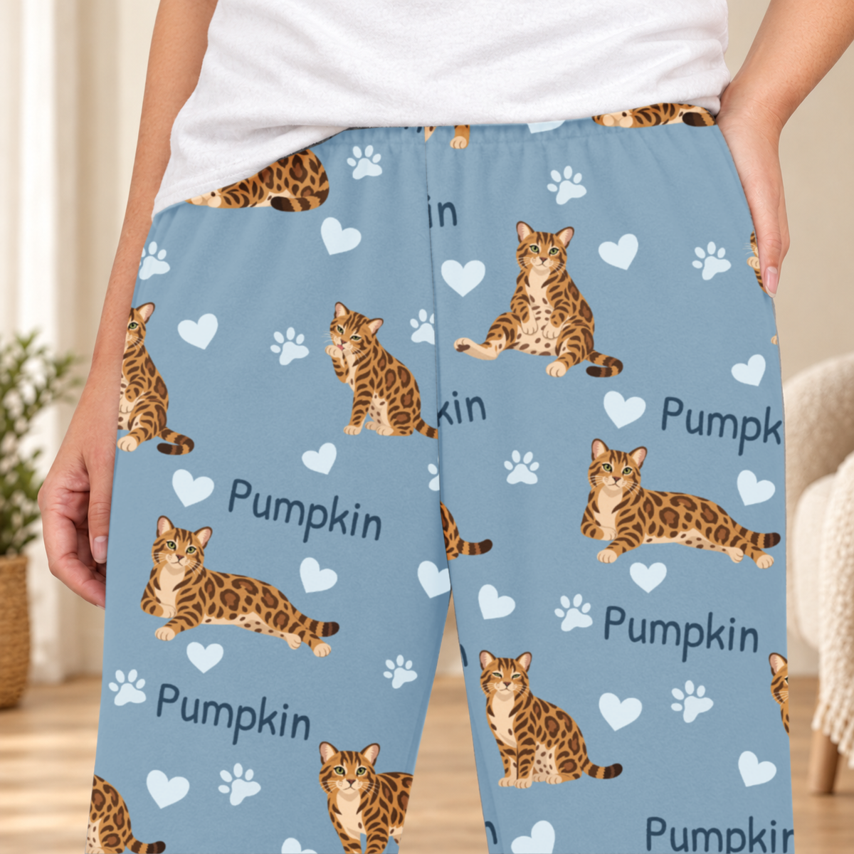 Bengal personalized fleece pajama close-up showing breed artwork and example pet name