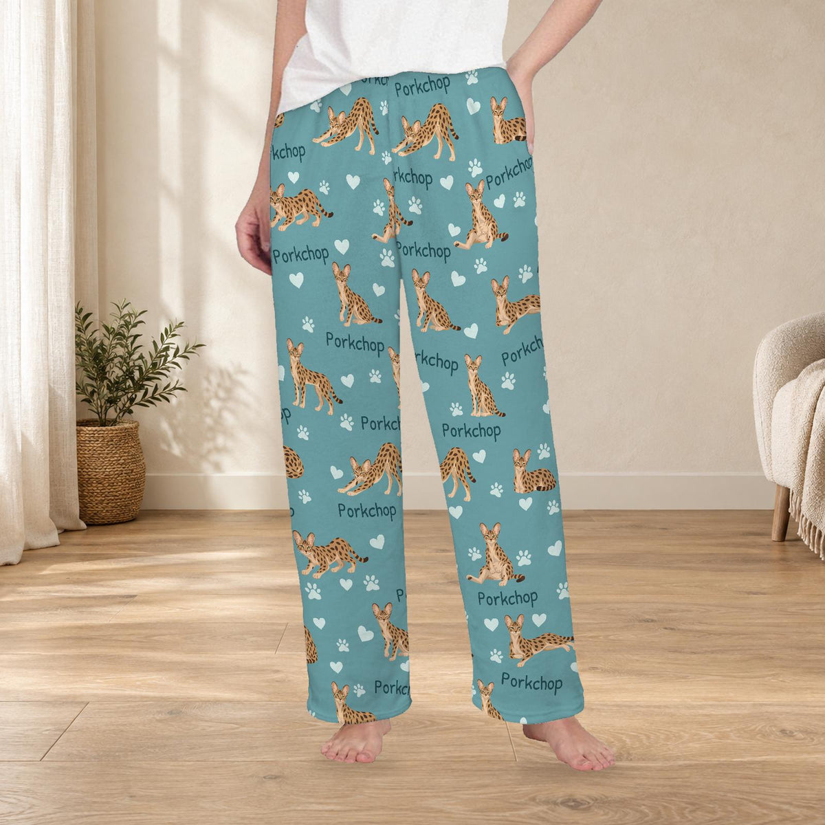 Savannah personalized fleece pajama trousers on a model; women's fit, front view. Cozy neutral room background.