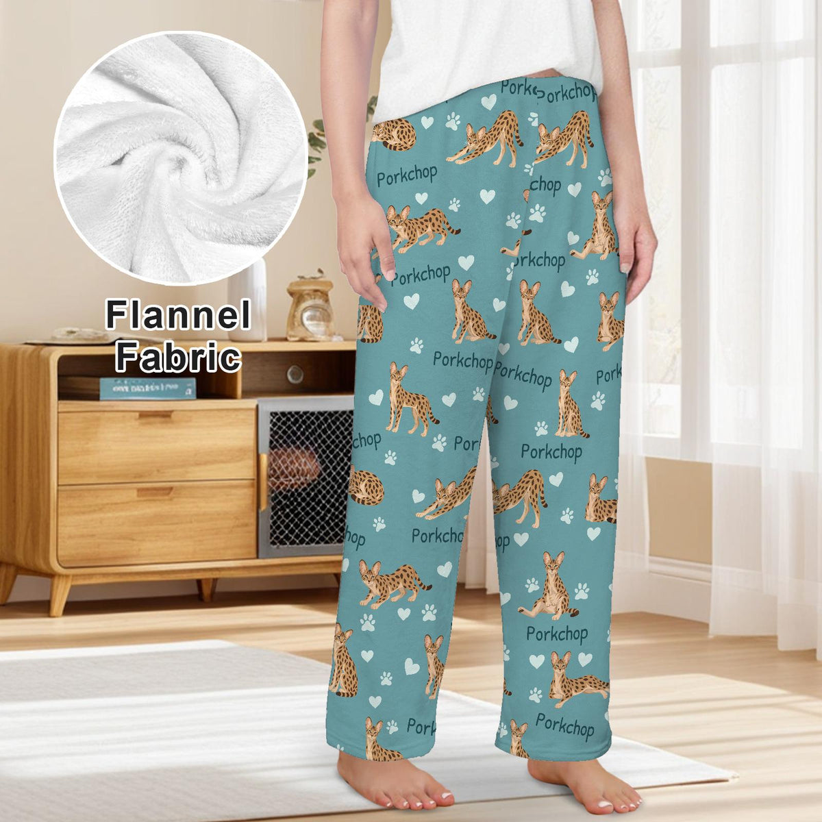Savannah personalized pet name fleece pajama trousers, front lifestyle view.