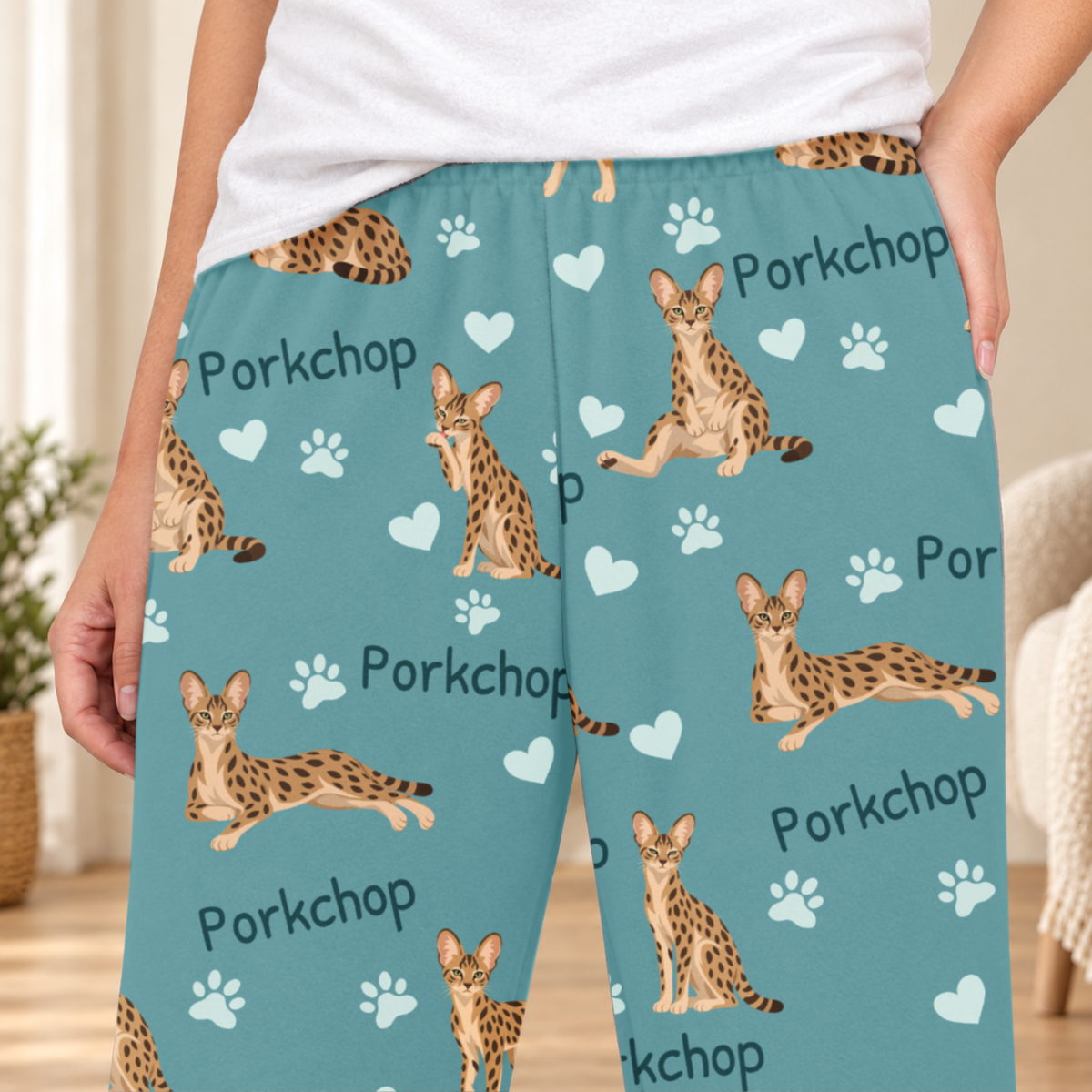 Savannah personalized fleece pajama close-up showing breed artwork and example pet name
