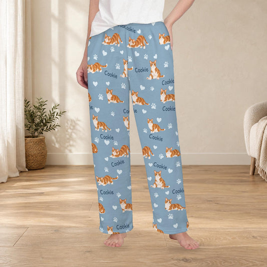 Munchkin personalized fleece pajama trousers on a model; women's fit, front view. Cozy neutral room background.