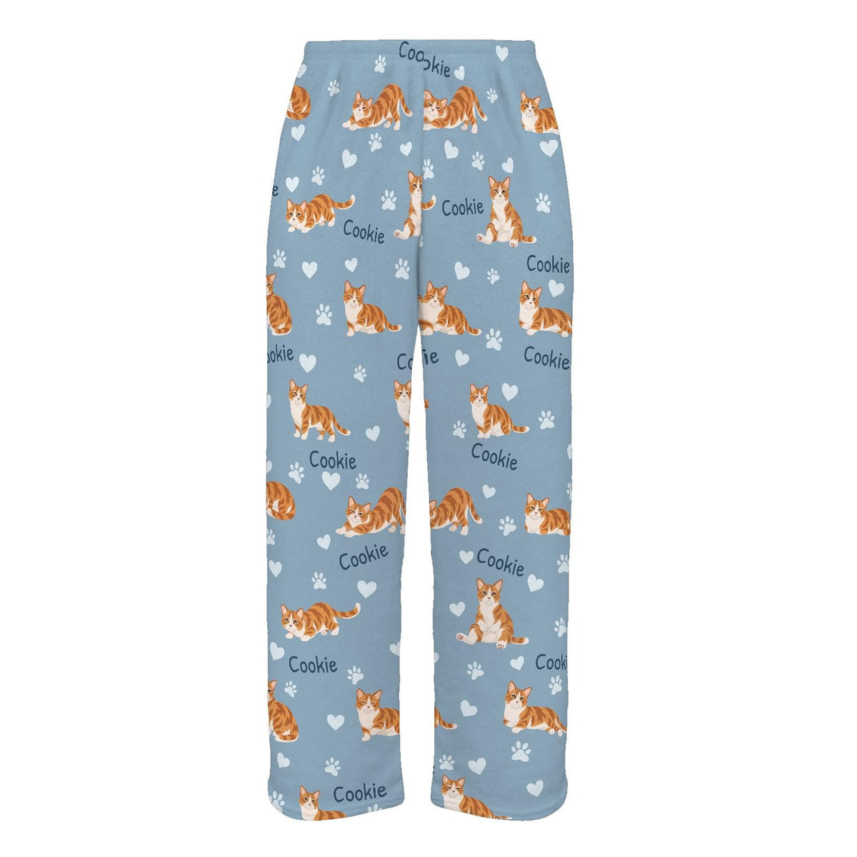 Munchkin personalized pet name fleece pajama trousers, flat front view.