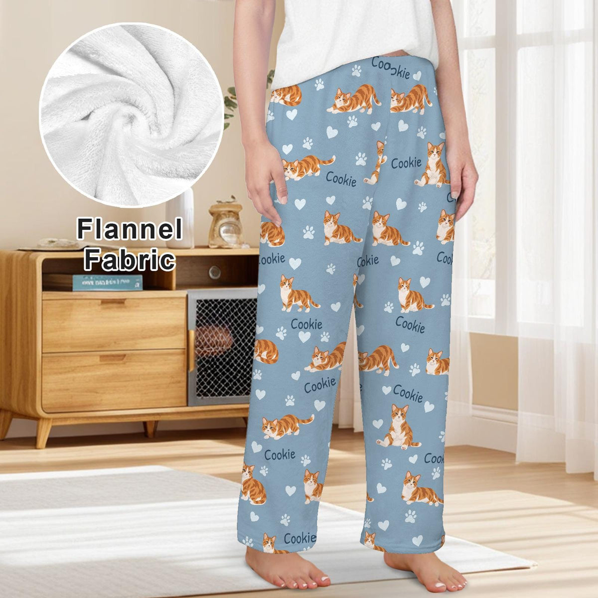 Munchkin personalized pet name fleece pajama trousers, front lifestyle view.