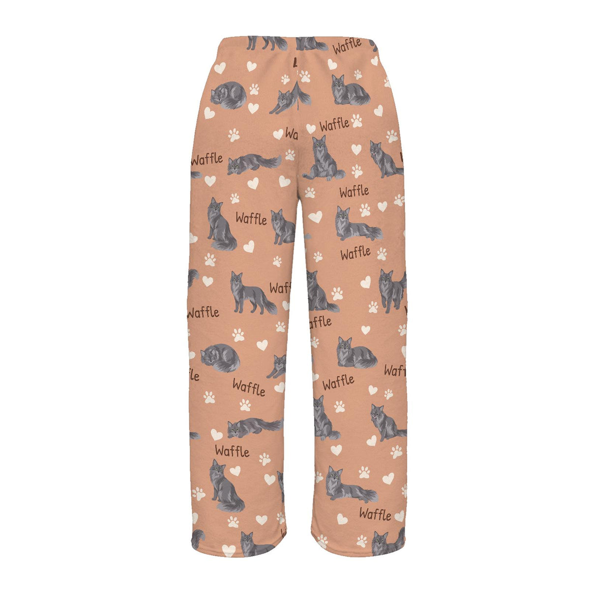 Nebelung personalized pet name fleece pajama trousers, flat back view.