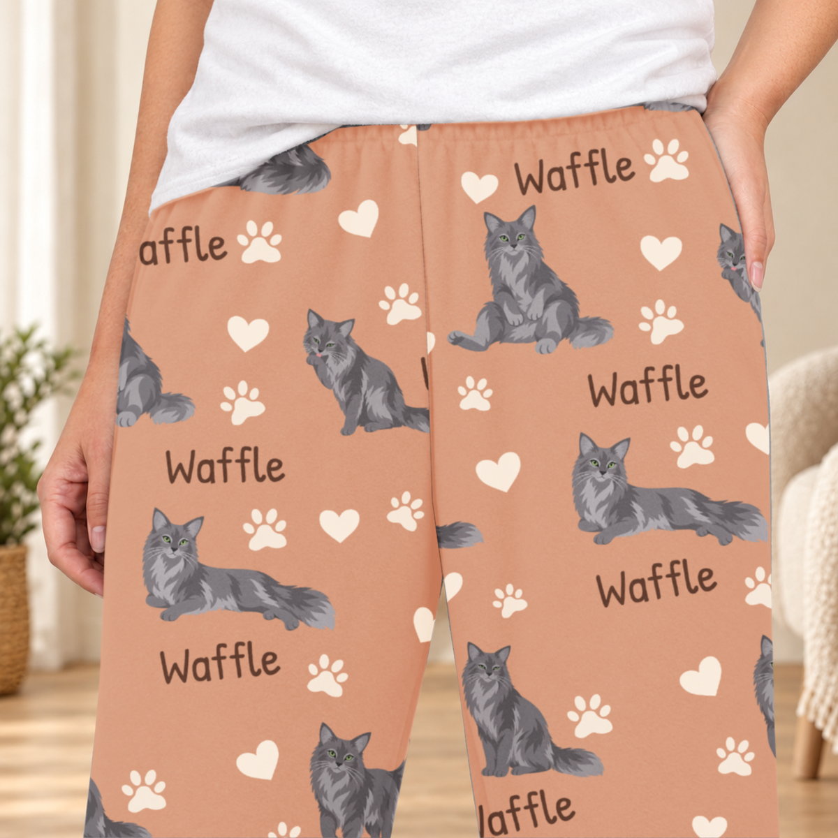 Nebelung personalized fleece pajama close-up showing breed artwork and example pet name