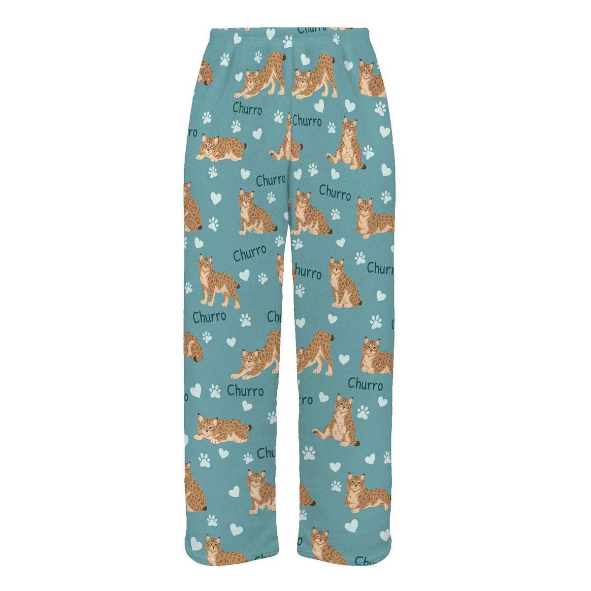 Pixie bob personalized pet name fleece pajama trousers, flat front view.