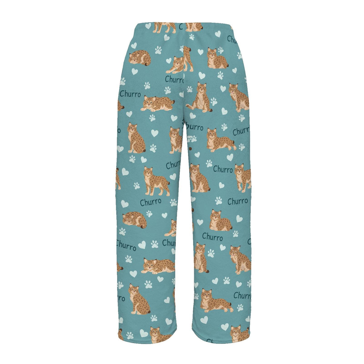 Pixie bob personalized pet name fleece pajama trousers, flat back view.