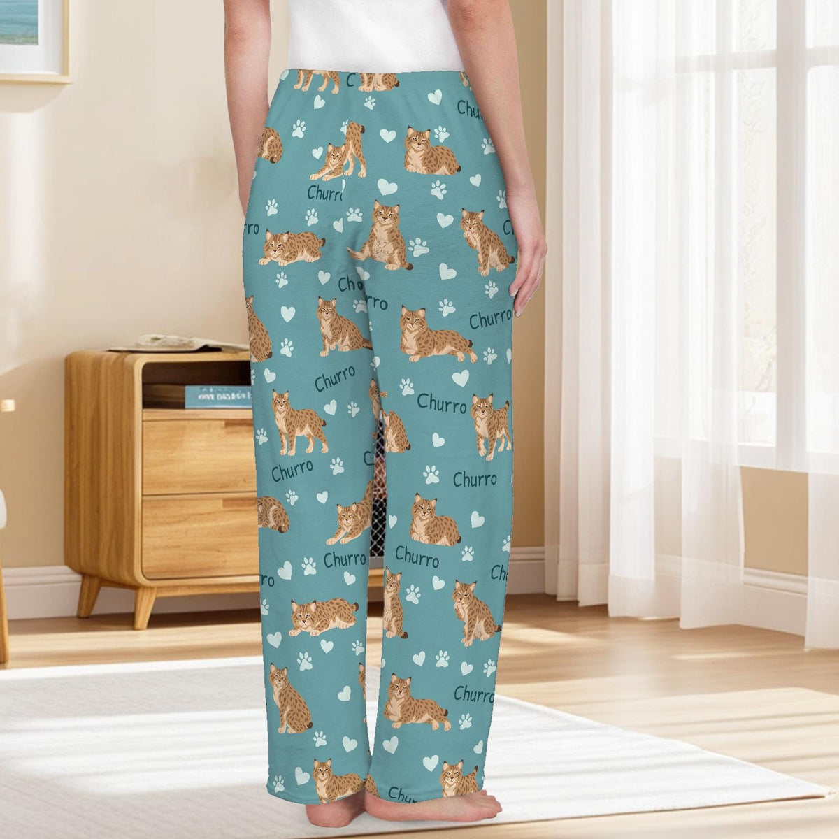 Pixie bob personalized pet name fleece pajama trousers, back lifestyle view.