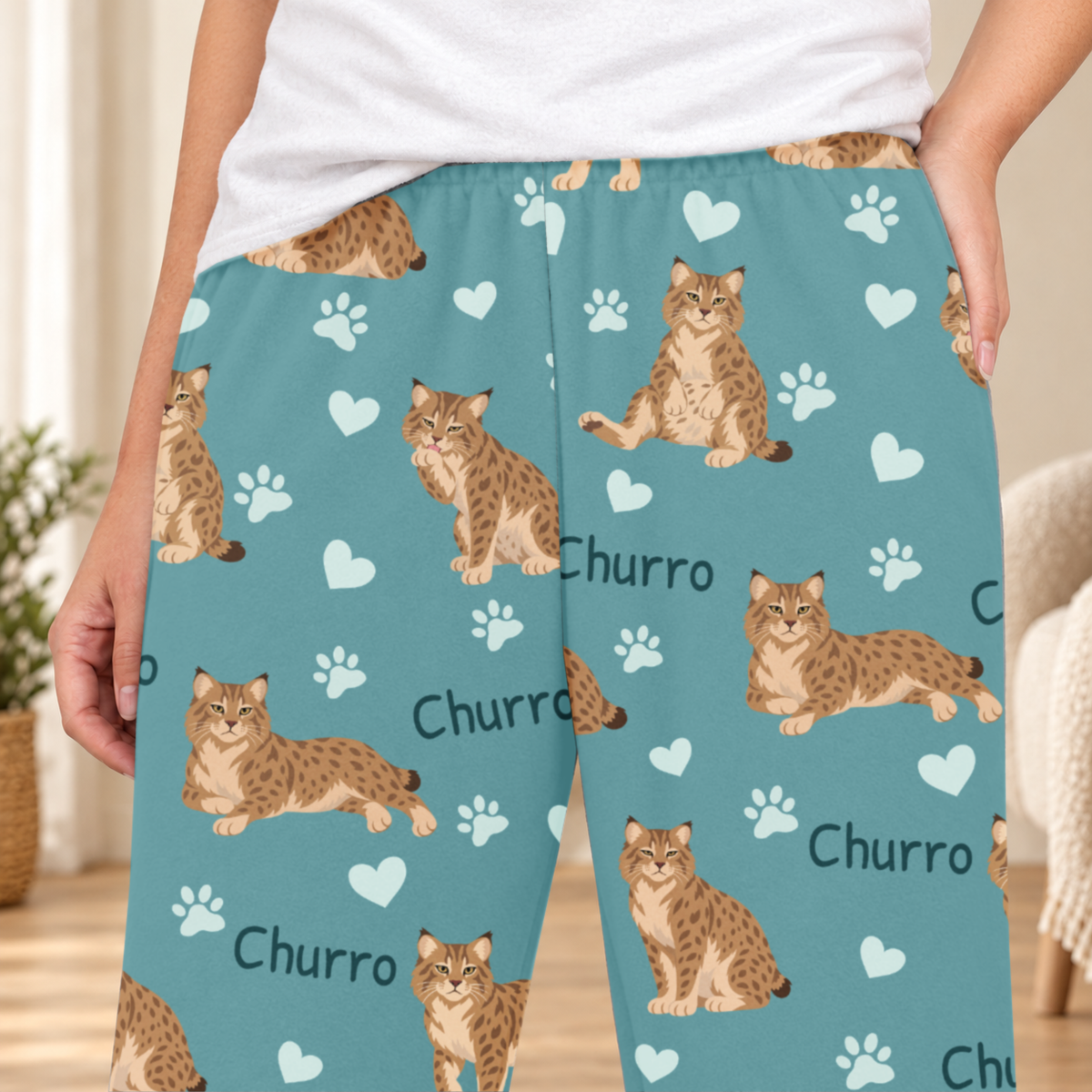 Pixie bob personalized fleece pajama close-up showing breed artwork and example pet name