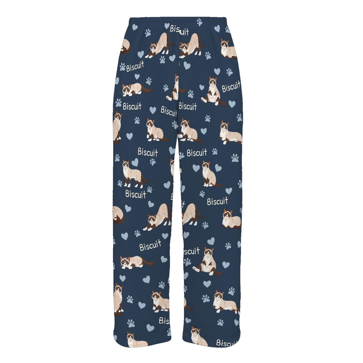 Snowshoe personalized pet name fleece pajama trousers, flat front view.
