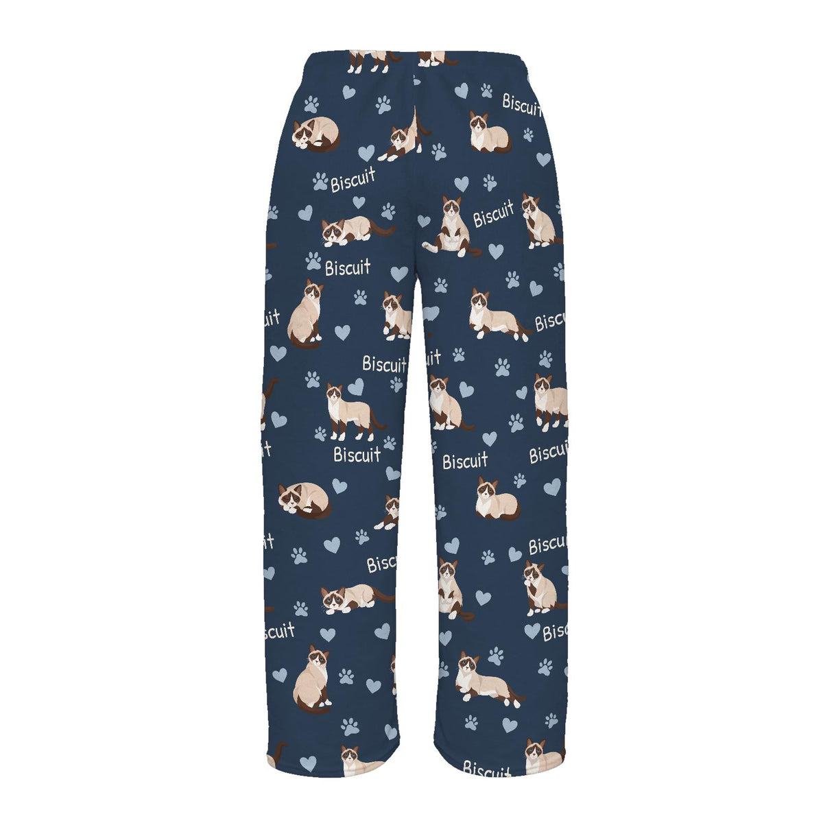 Snowshoe personalized pet name fleece pajama trousers, flat back view.