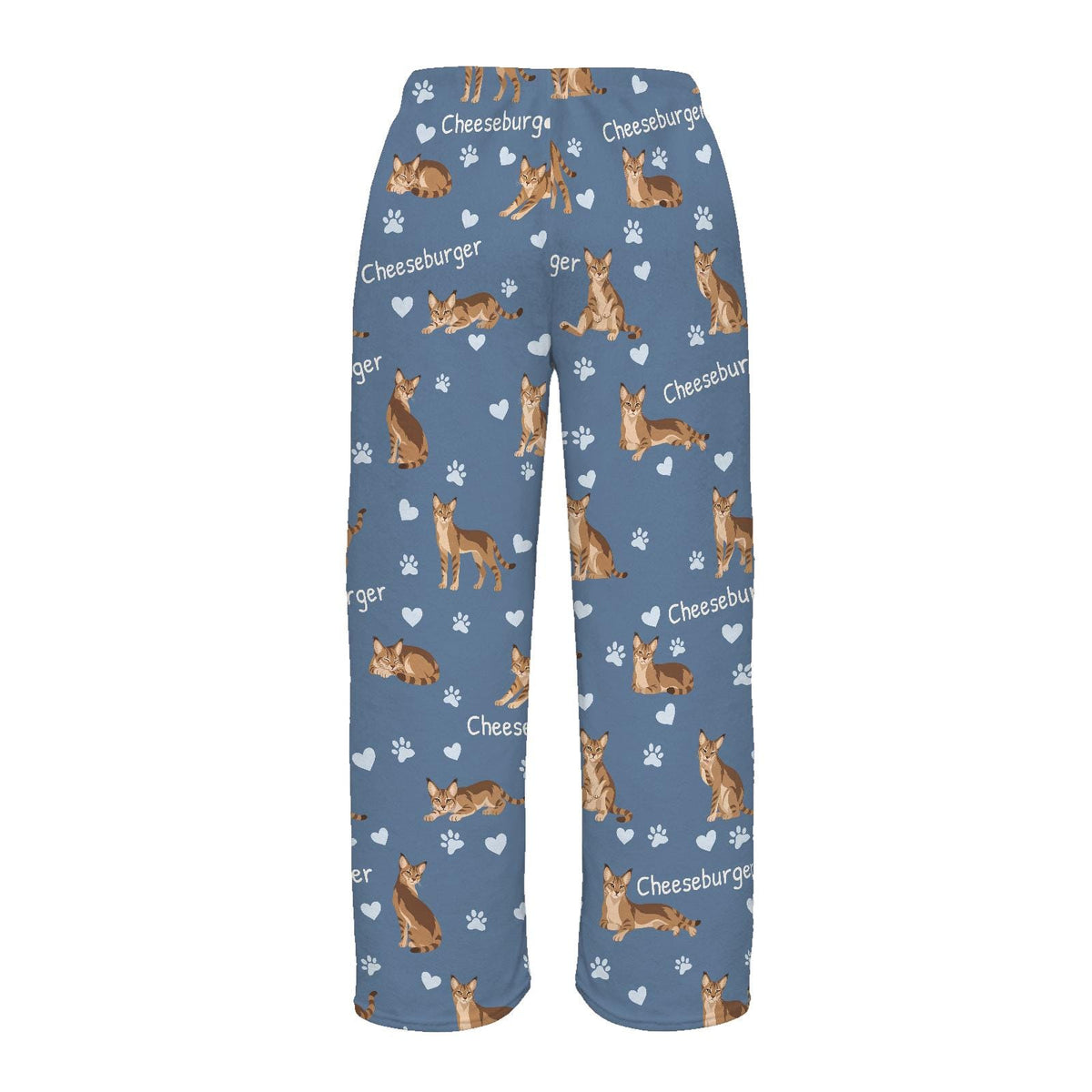 Chausie personalized pet name fleece pajama trousers, flat back view.
