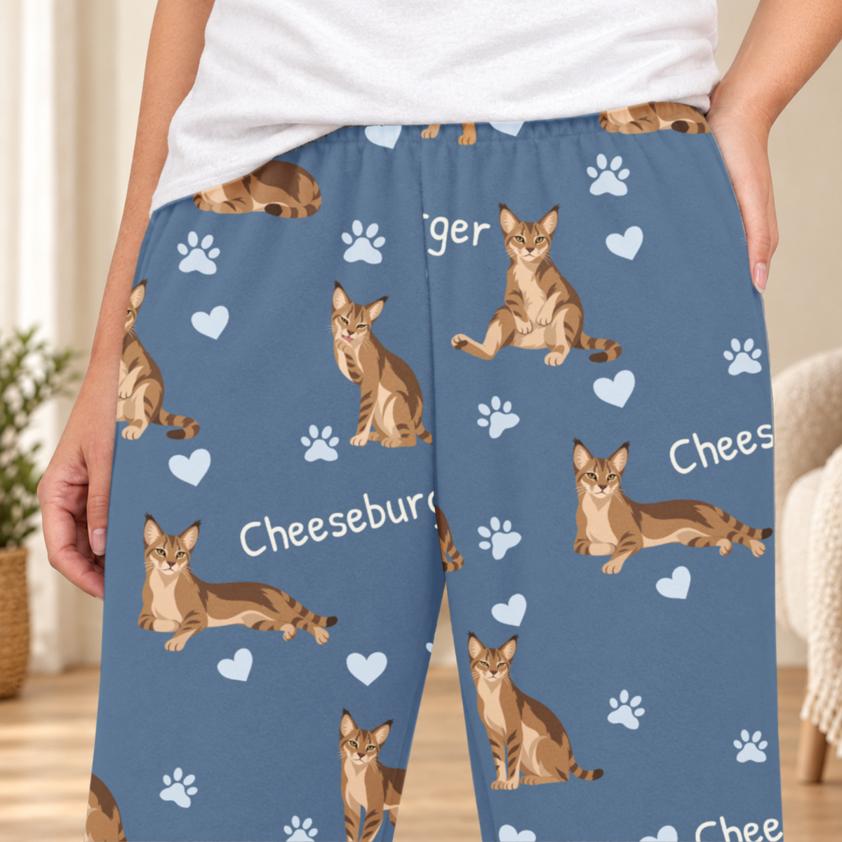 Chausie personalized fleece pajama close-up showing breed artwork and example pet name