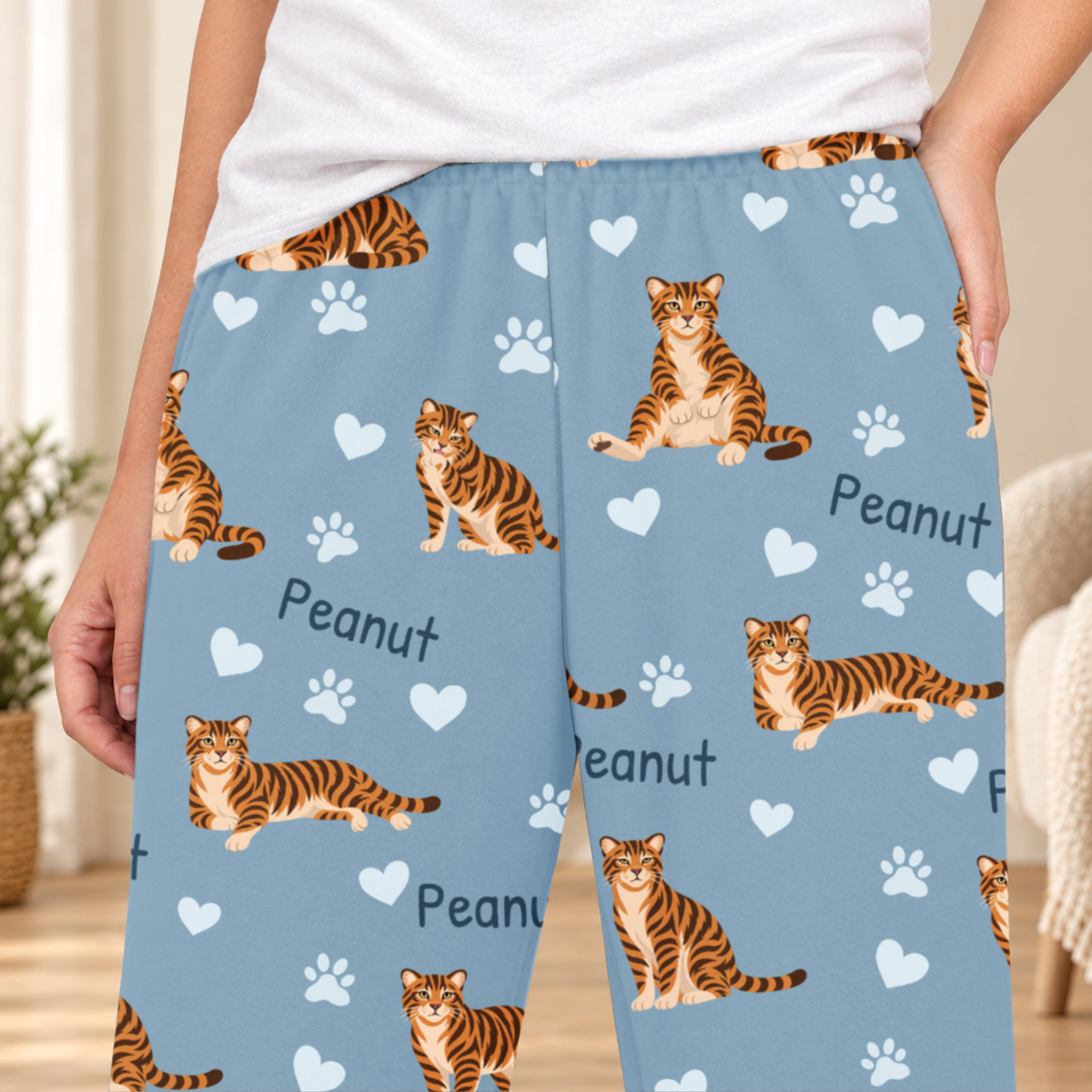 Toyger personalized fleece pajama close-up showing breed artwork and example pet name