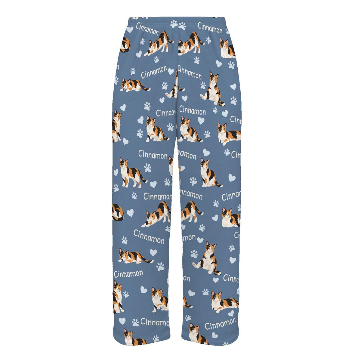 Domestic Shorthair personalized pet name fleece pajama trousers, flat front view.