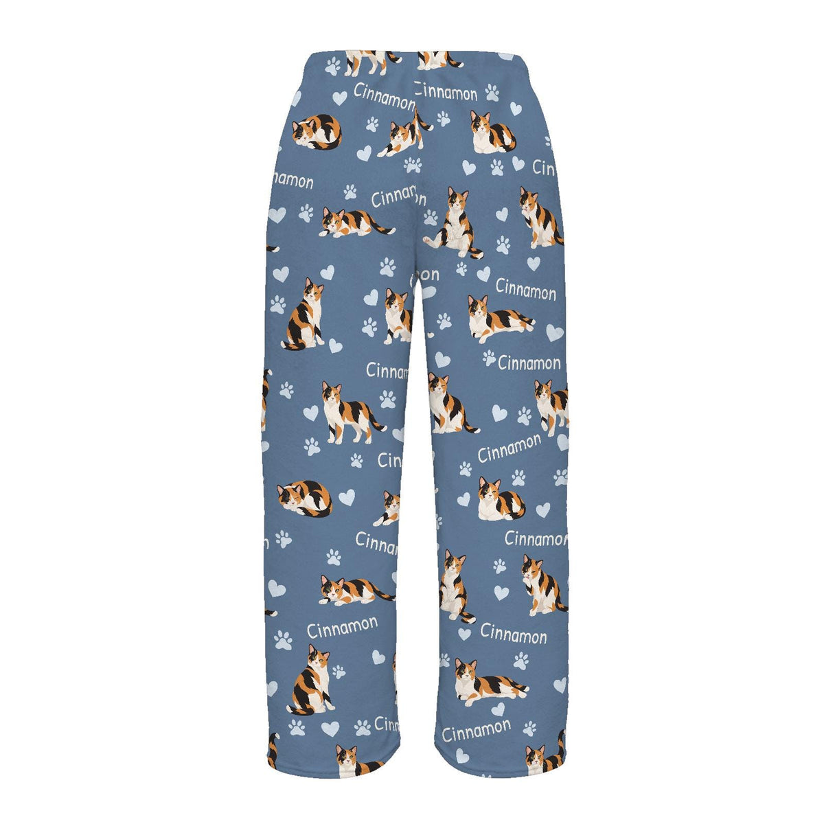 Domestic Shorthair personalized pet name fleece pajama trousers, flat back view.
