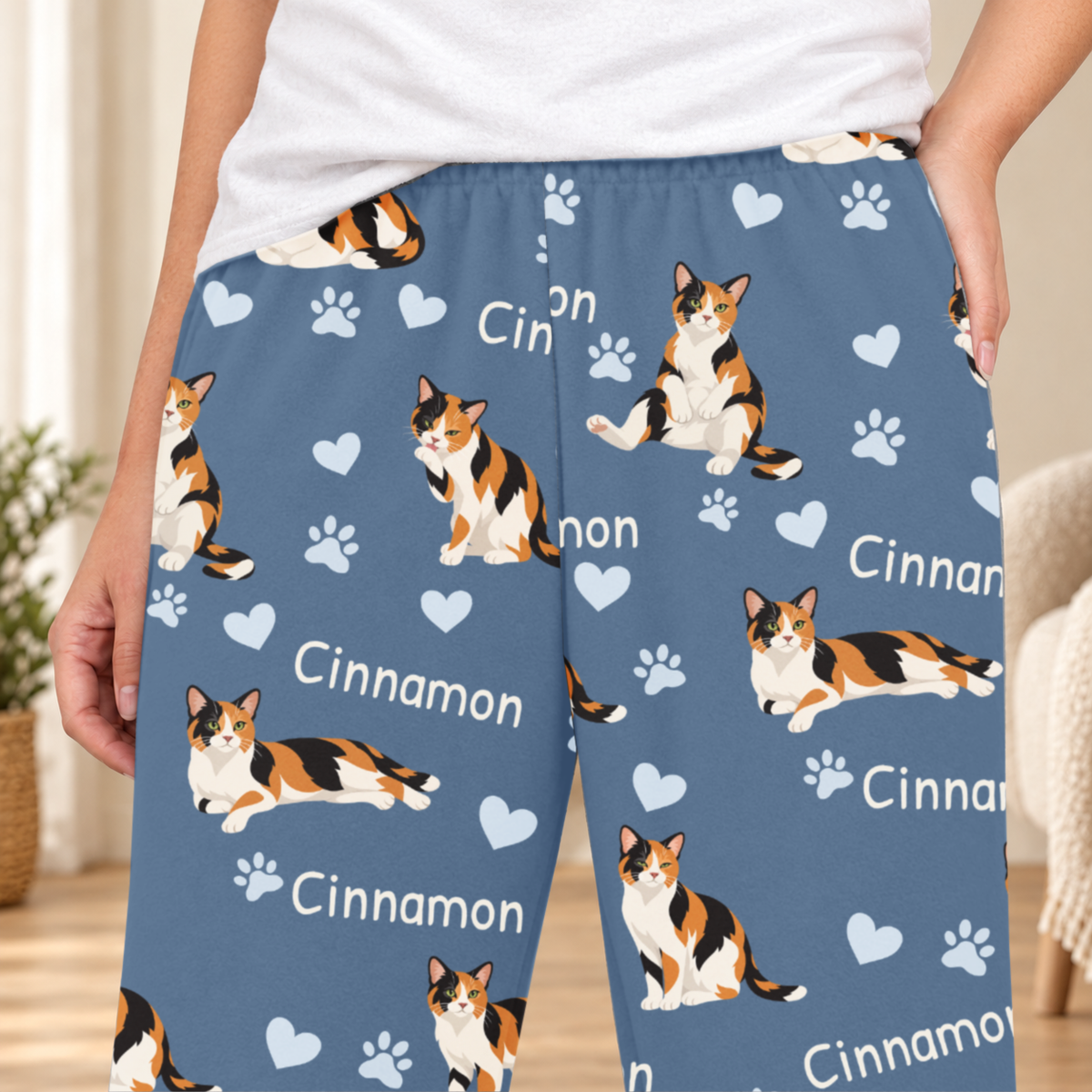 Domestic Shorthair personalized fleece pajama close-up showing breed artwork and example pet name