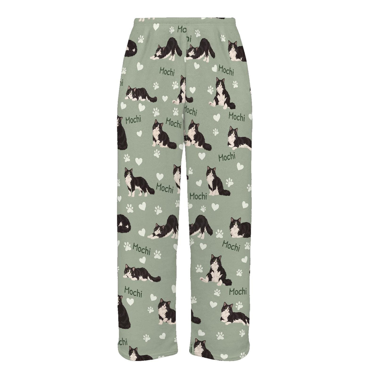 Domestic Longhair personalized pet name fleece pajama trousers, flat front view.