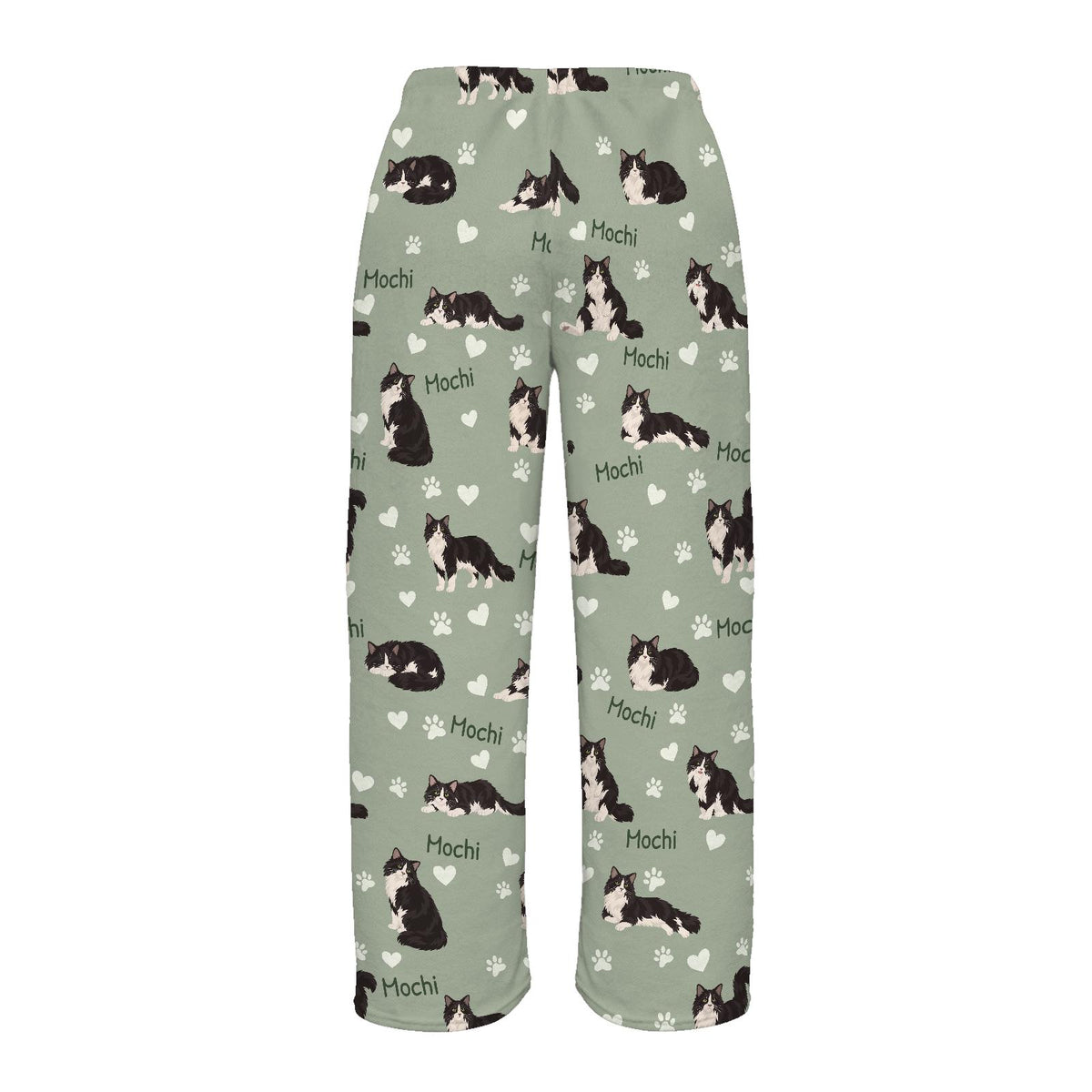 Domestic Longhair personalized pet name fleece pajama trousers, flat back view.