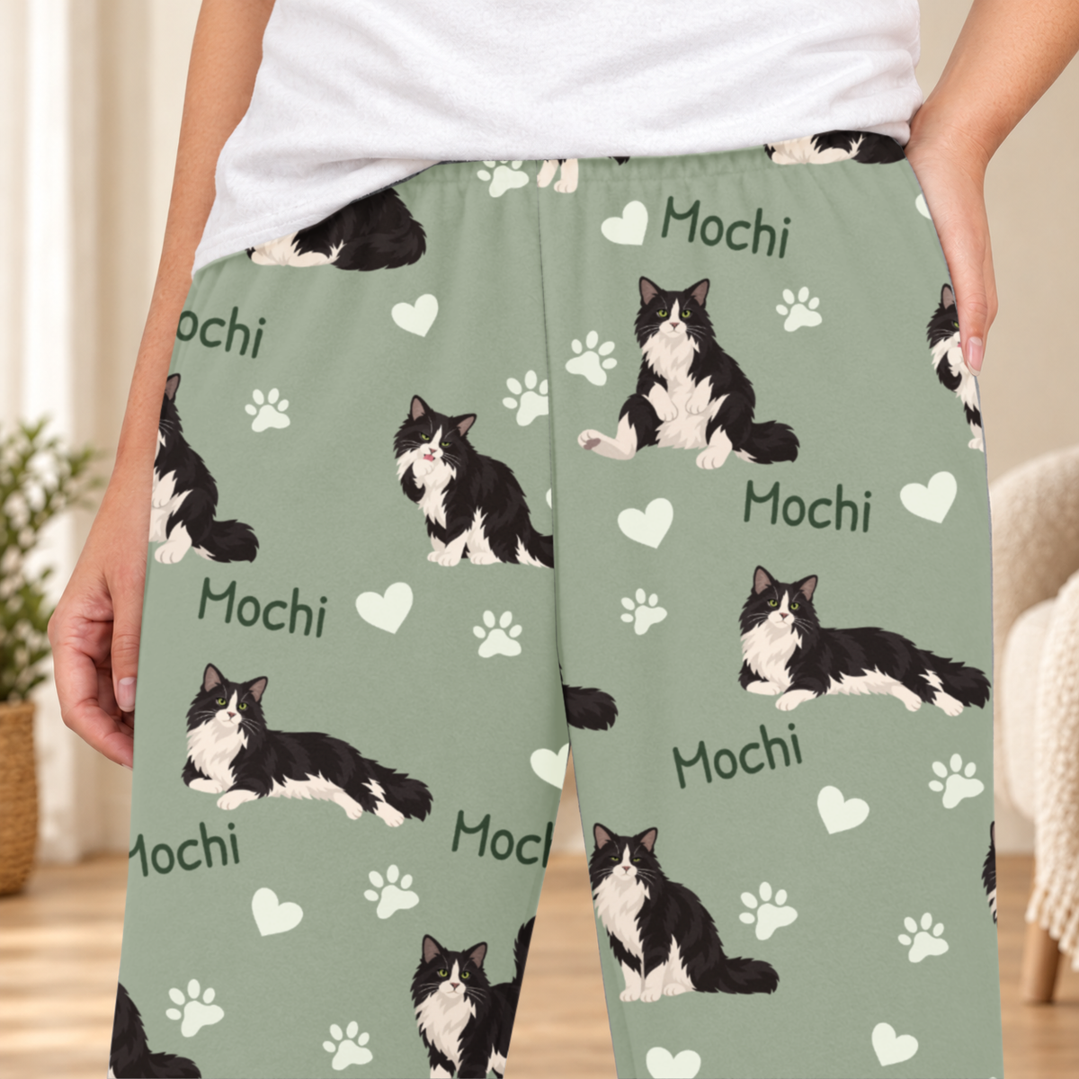 Domestic Longhair personalized fleece pajama close-up showing breed artwork and example pet name